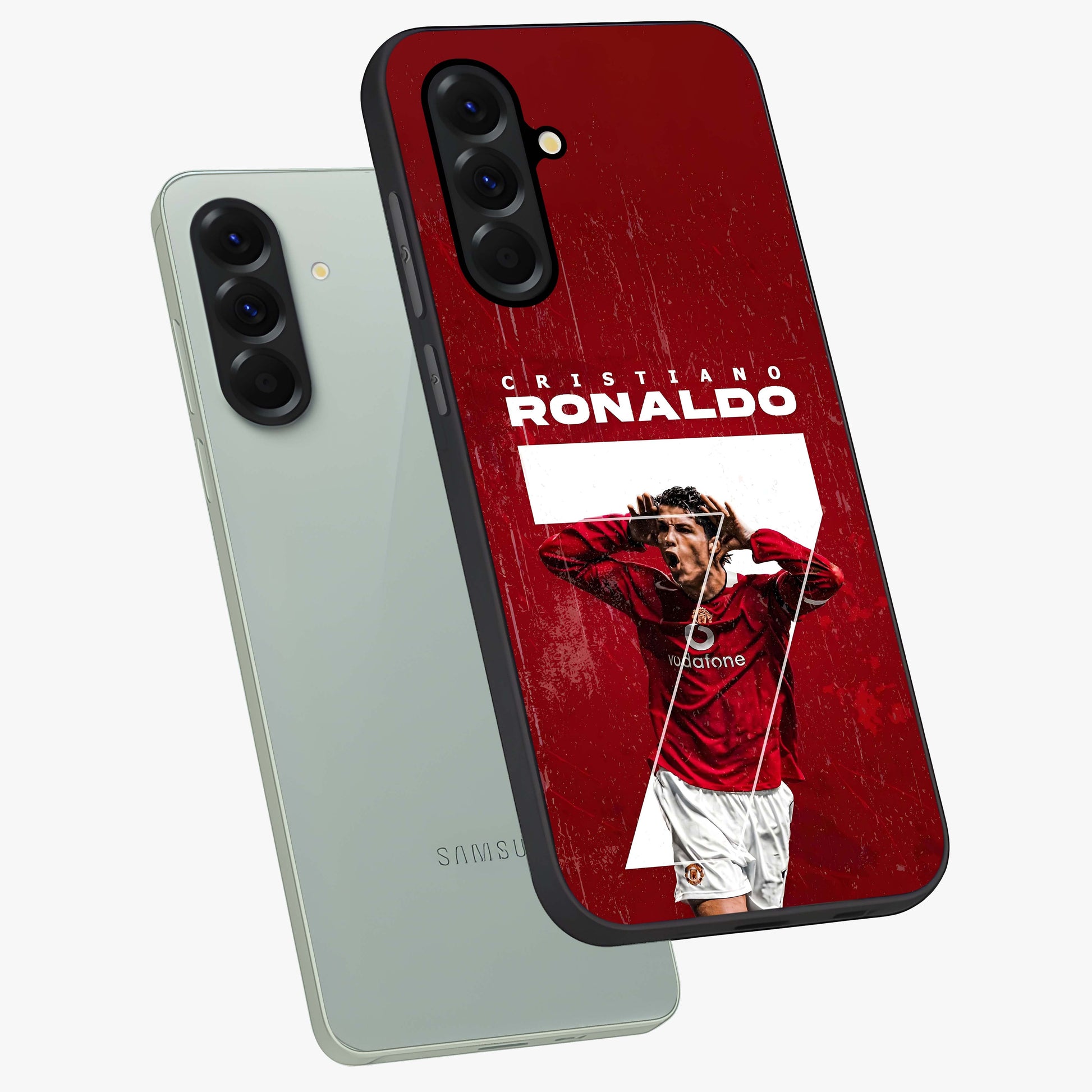 Goal Celebration Legacy Glass Case displayed in angled mockup highlighting energetic sports celebration design with bold athletic theme.
