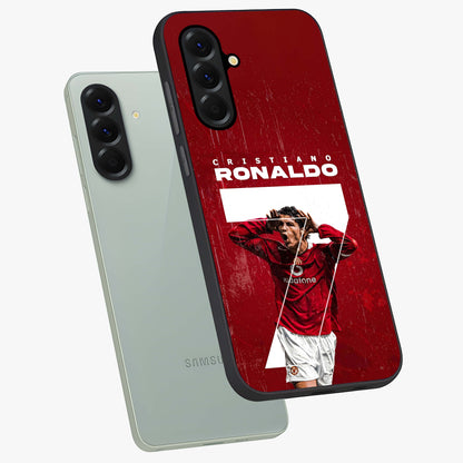 Goal Celebration Legacy Glass Case displayed in angled mockup highlighting energetic sports celebration design with bold athletic theme.