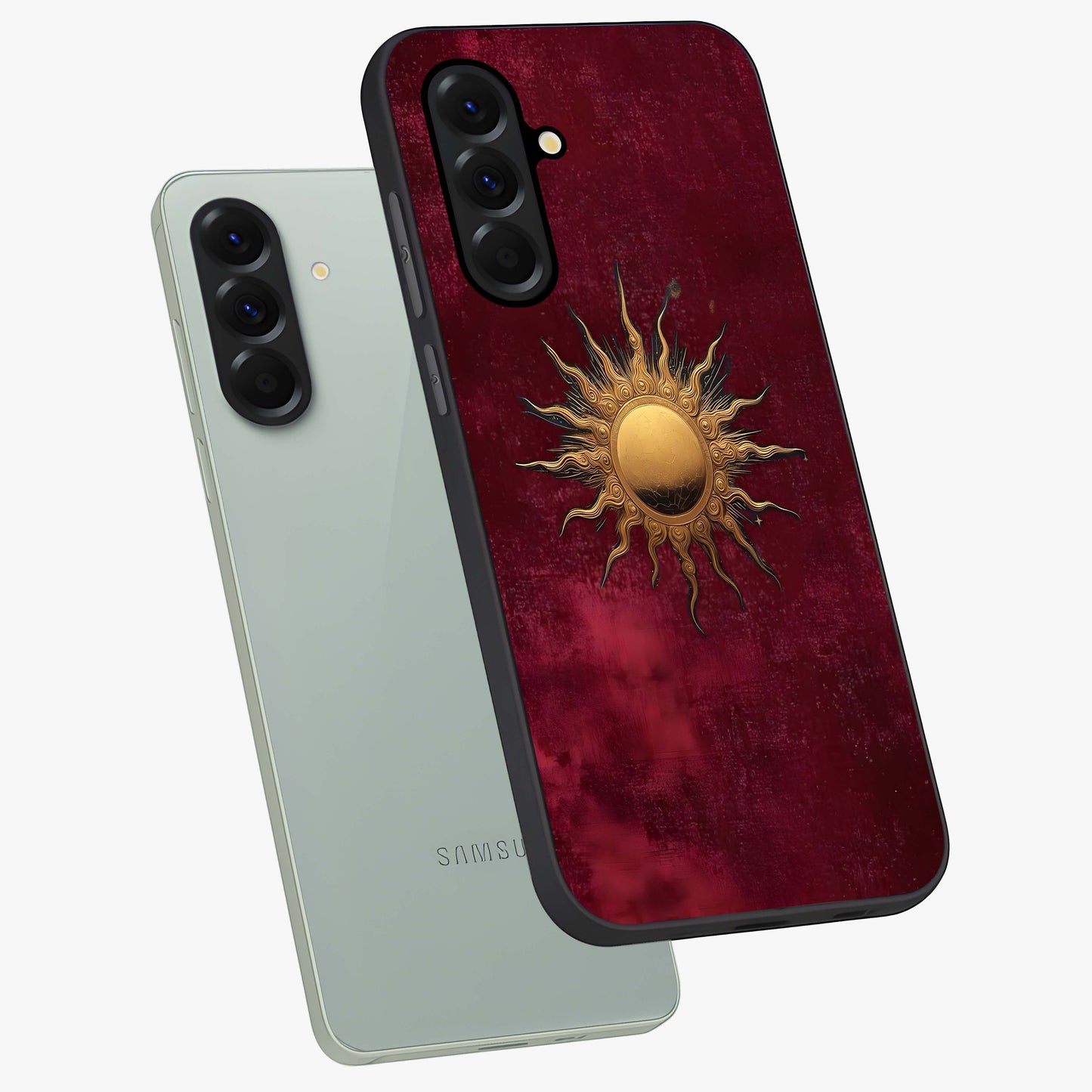Golden Sun Minimalism Glass Case displayed in angled mockup highlighting clean sun symbol design with modern minimal aesthetic.