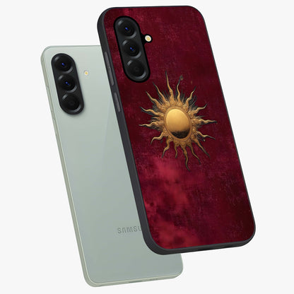 Golden Sun Minimalism Glass Case displayed in angled mockup highlighting clean sun symbol design with modern minimal aesthetic.