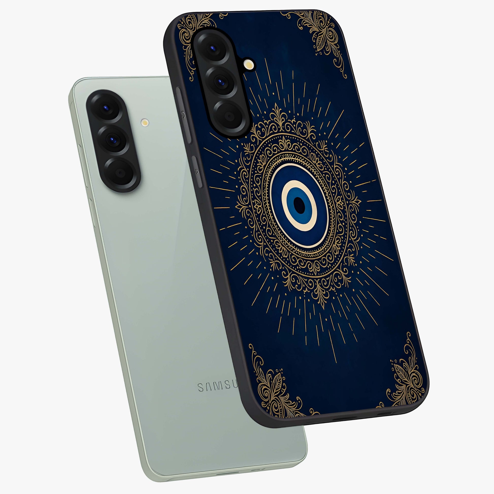 Golden Celestial Charm Glass Case displayed in angled mockup highlighting sparkling cosmic charm design with celestial aesthetic.
