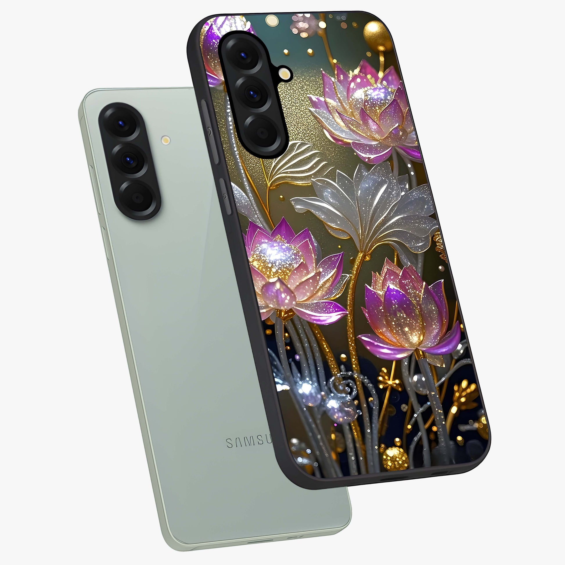 Golden Floral Majesty Glass Case displayed in angled mockup highlighting elegant flower design with royal golden aesthetic.