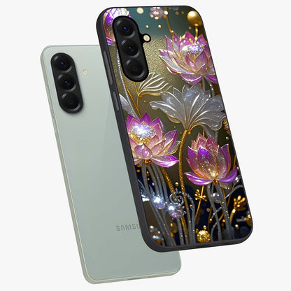 Golden Floral Majesty Glass Case displayed in angled mockup highlighting elegant flower design with royal golden aesthetic.