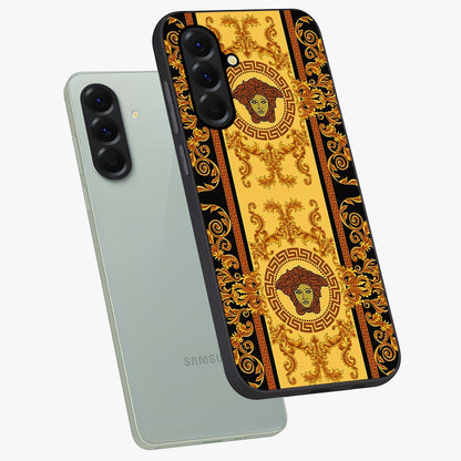 Golden Lotus Glow Glass Case displayed in angled mockup highlighting radiant lotus illustration with spiritual aesthetic.