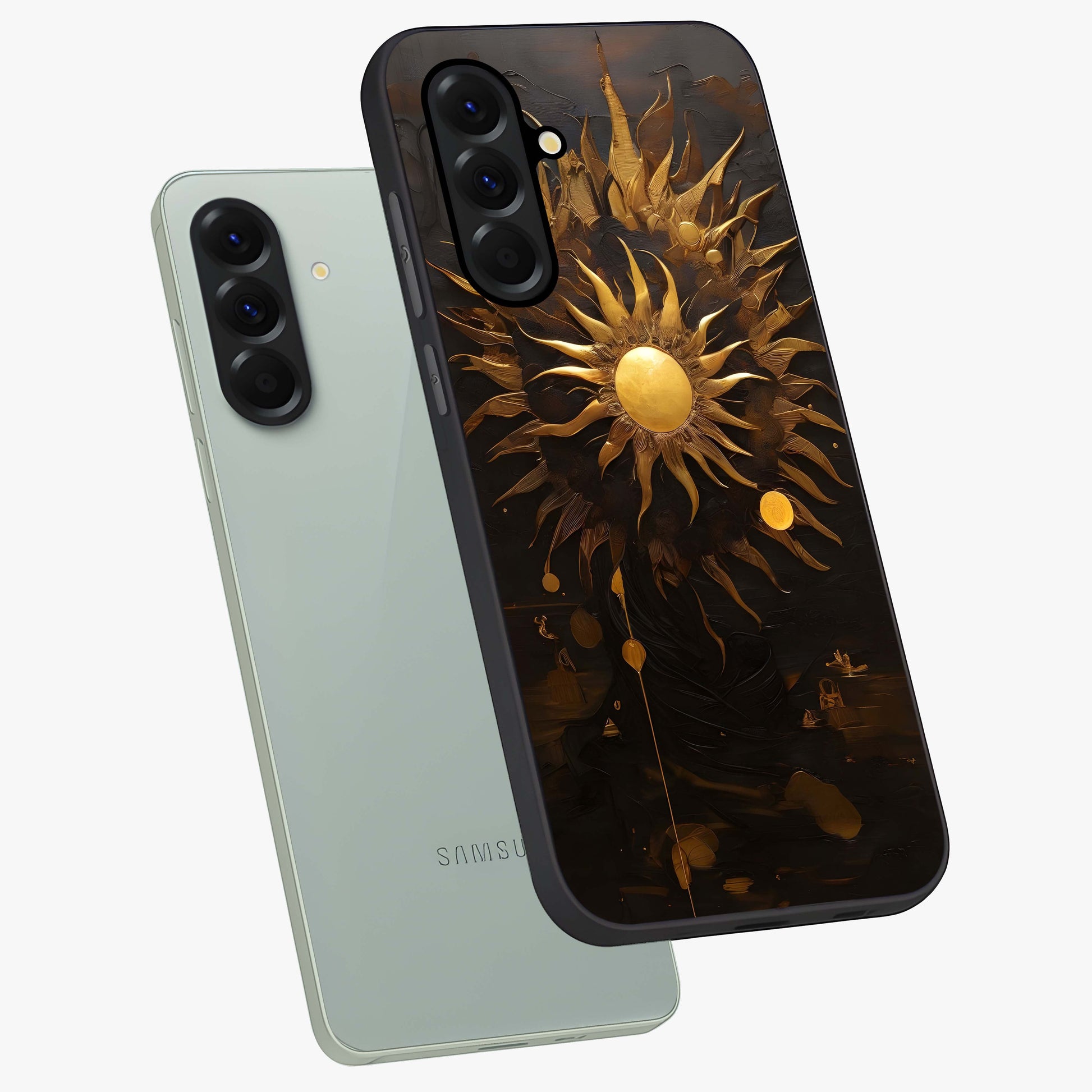 Golden Sun Majesty Glass Case displayed in angled mockup highlighting eerie shadow illustration with gothic aesthetic.