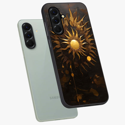 Golden Sun Majesty Glass Case displayed in angled mockup highlighting eerie shadow illustration with gothic aesthetic.