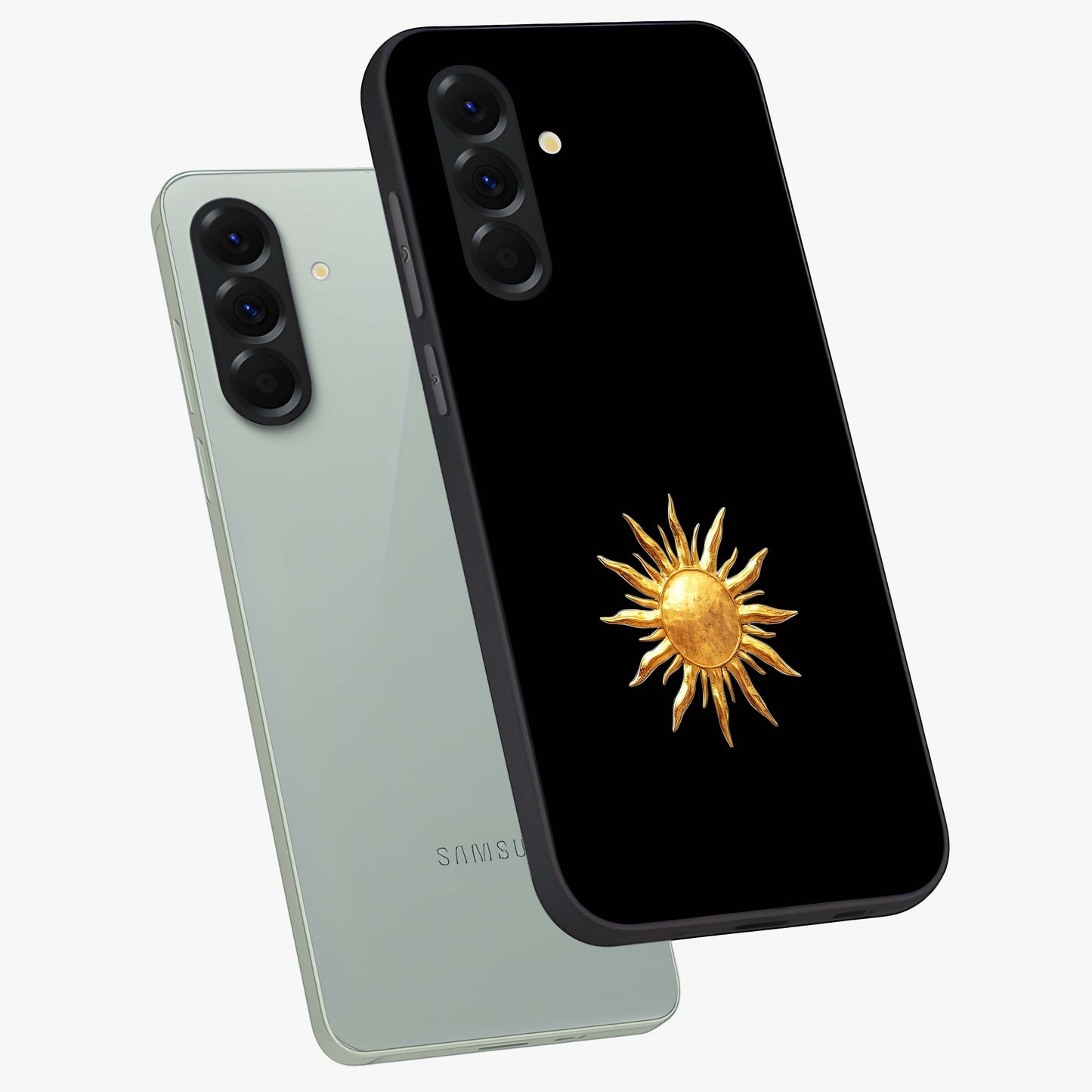 Golden Sun Minimalism Glass Case displayed in angled mockup highlighting eerie shadow illustration with gothic aesthetic.