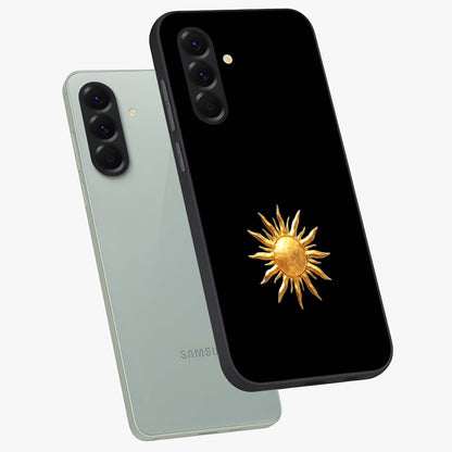 Golden Sun Minimalism Glass Case displayed in angled mockup highlighting eerie shadow illustration with gothic aesthetic.