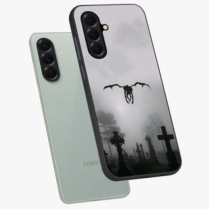 Graveyard Shadow Descent Glass Case displayed in angled mockup highlighting eerie shadow illustration with gothic aesthetic.