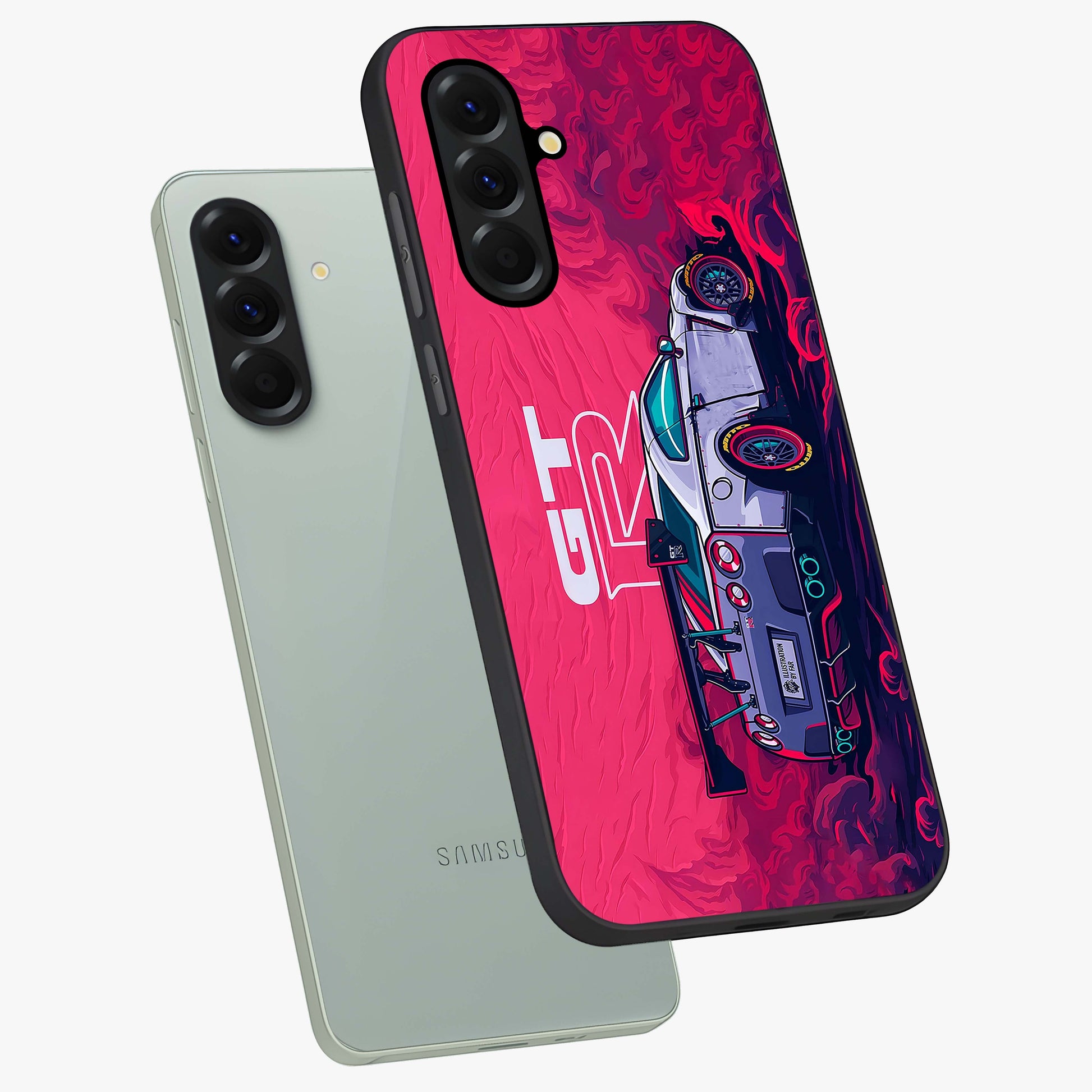 GT-R Car Pattern Glass Case displayed in angled mockup highlighting racing car graphic design with bold automotive aesthetic.