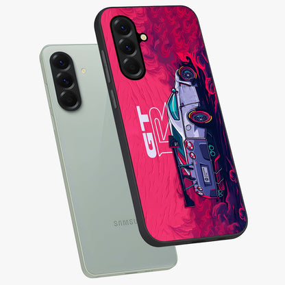GT-R Car Pattern Glass Case displayed in angled mockup highlighting racing car graphic design with bold automotive aesthetic.