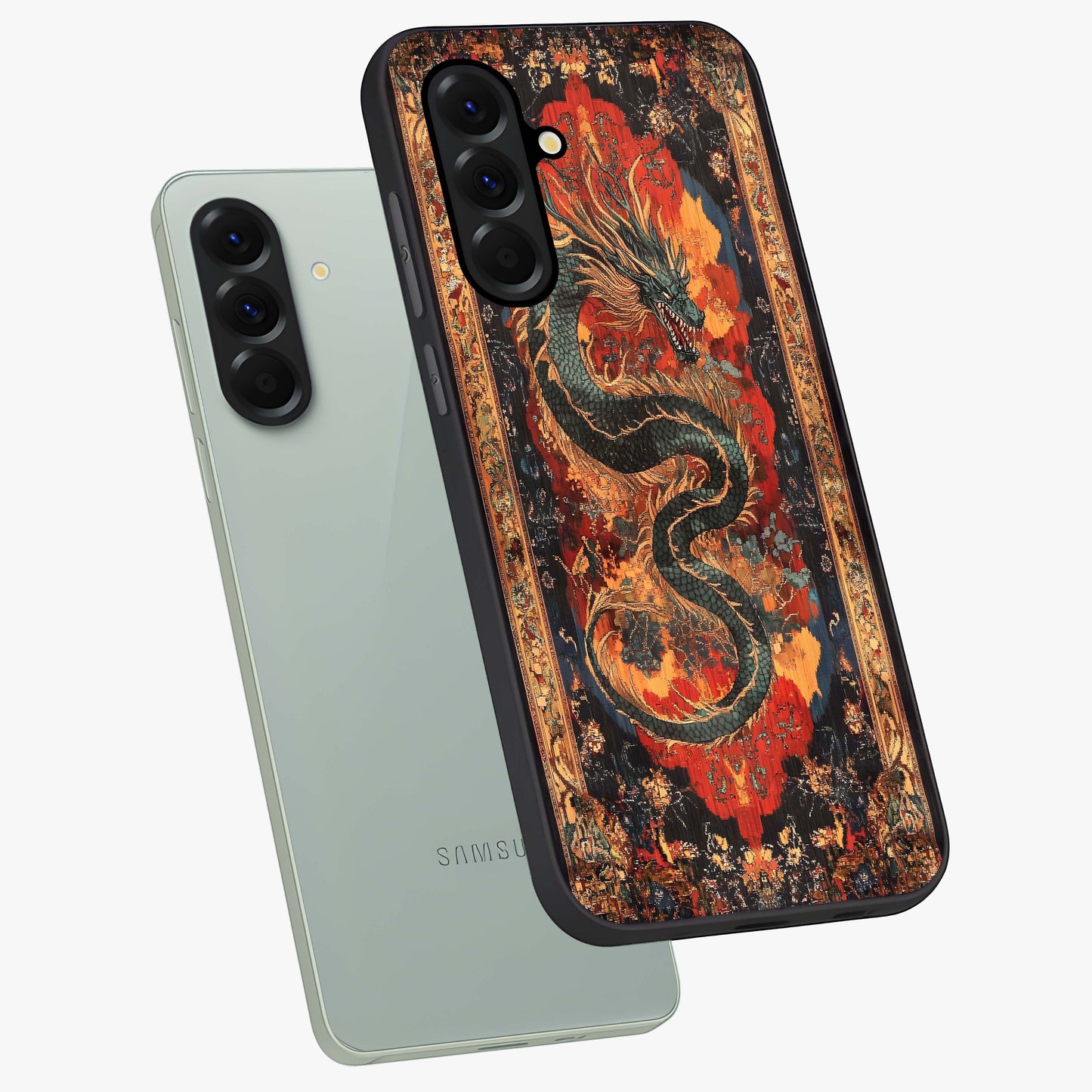 Inferno Dragon Soul Glass Case displayed in angled mockup highlighting powerful dragon illustration with inferno aesthetic.