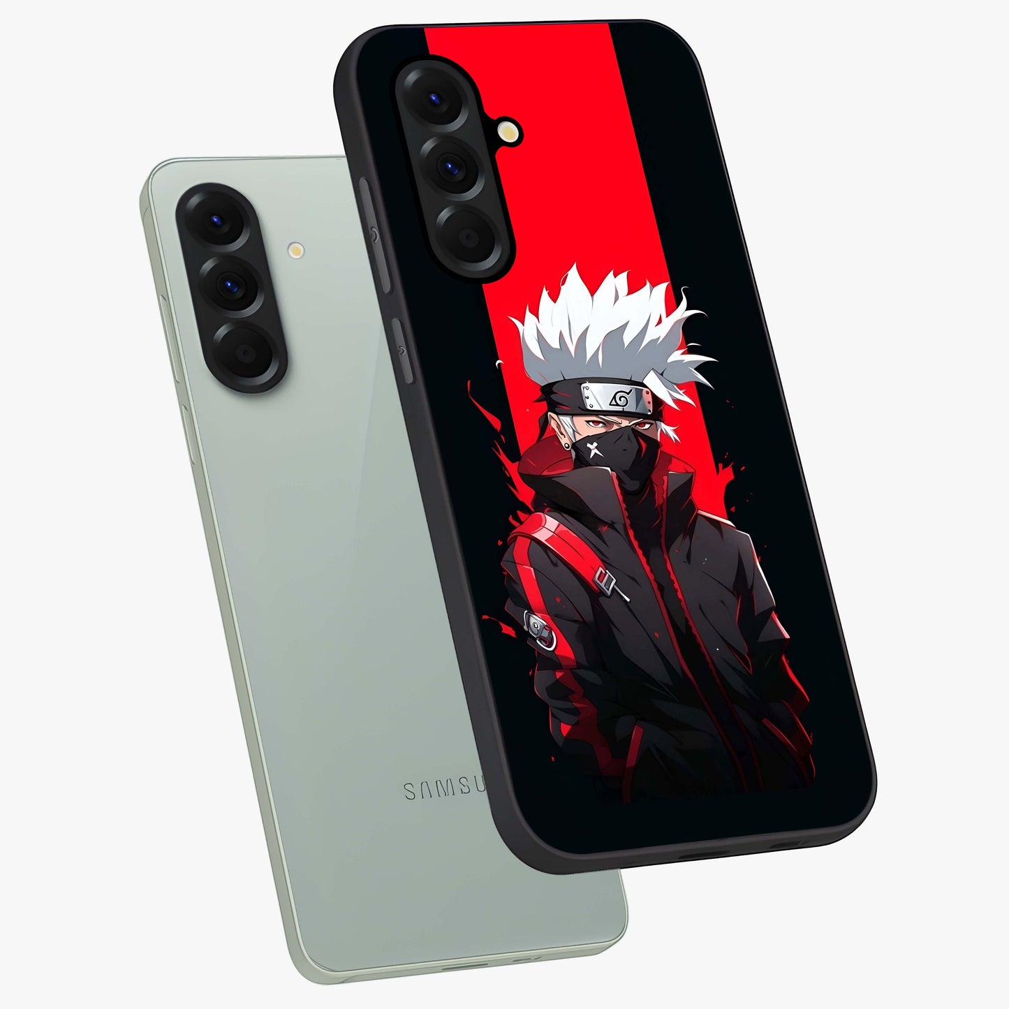 Kakashi Scarlet Shadow Glass Case displayed in angled mockup highlighting dramatic ninja illustration with scarlet themed aesthetic.
