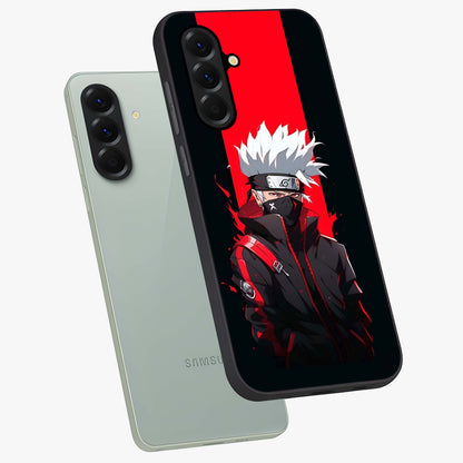 Kakashi Scarlet Shadow Glass Case displayed in angled mockup highlighting dramatic ninja illustration with scarlet themed aesthetic.