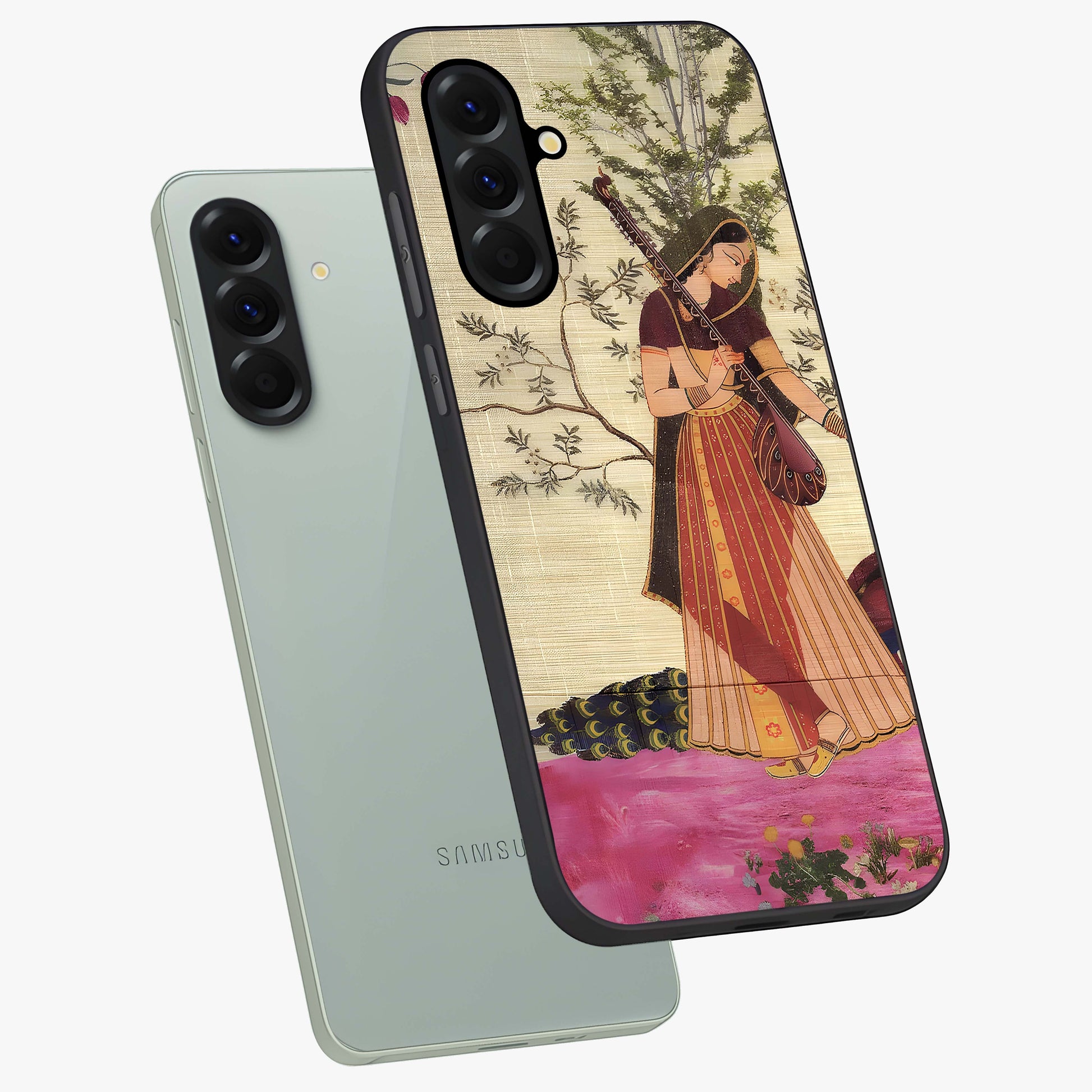 Lady With Veena Art Glass Case displayed in angled mockup highlighting graceful musical illustration with cultural artistic aesthetic.