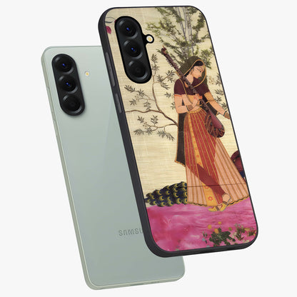 Lady With Veena Art Glass Case displayed in angled mockup highlighting graceful musical illustration with cultural artistic aesthetic.
