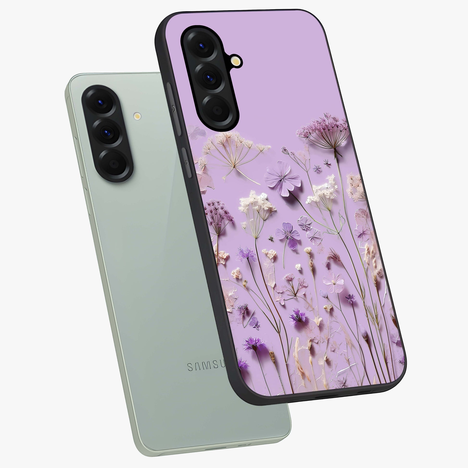 Lavender Blossom Dream Glass Case displayed in angled mockup highlighting dreamy lavender flower design with calming aesthetic style.