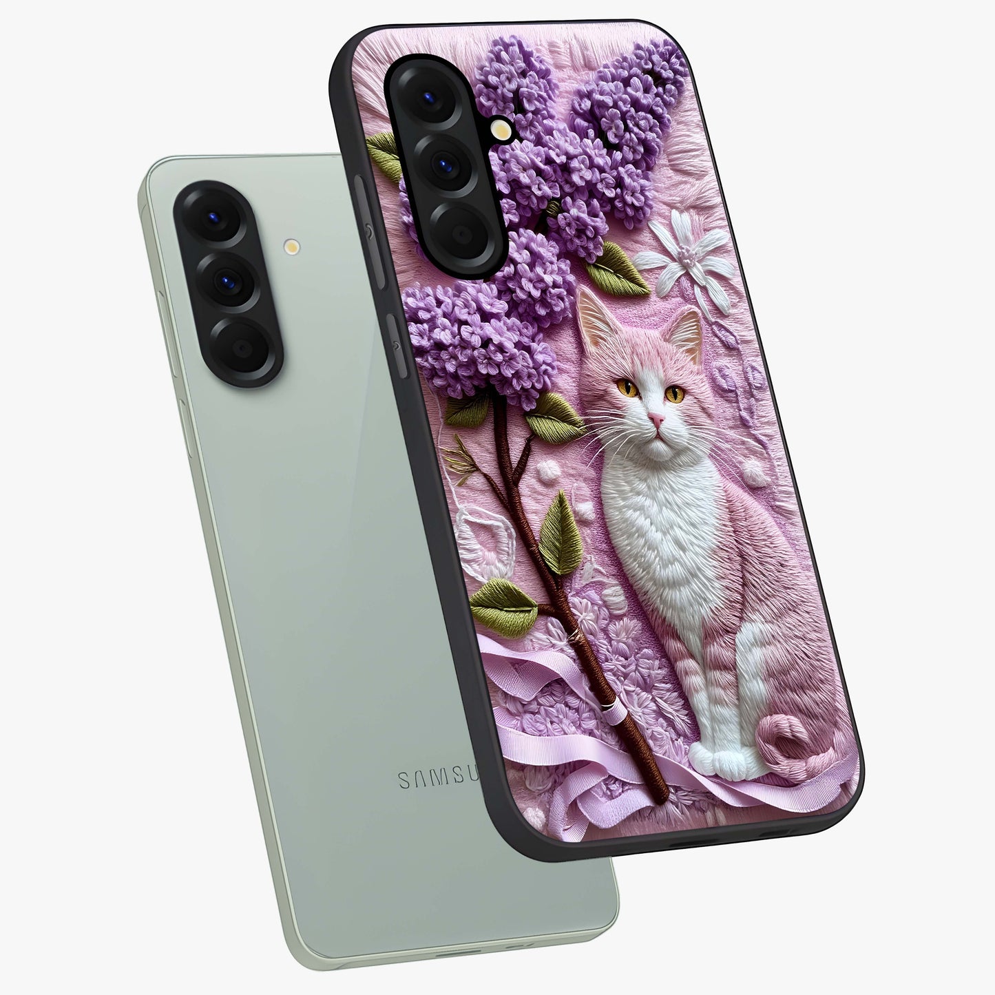 Lavender Cat Whimsy Glass Case displayed in angled mockup highlighting playful feline illustration with pastel lavender aesthetic.