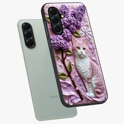 Lavender Cat Whimsy Glass Case displayed in angled mockup highlighting playful feline illustration with pastel lavender aesthetic.