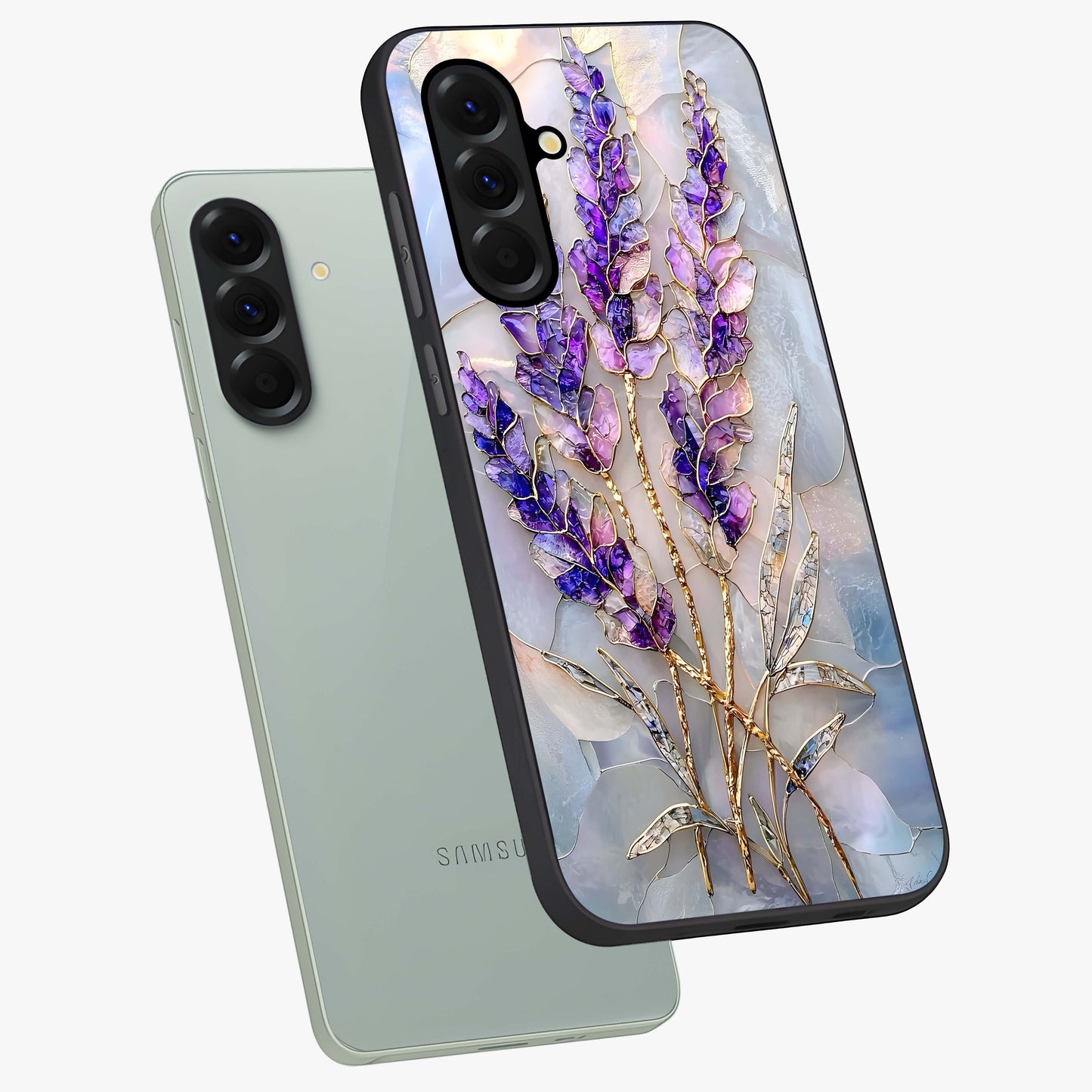 Lavender Dream Glow Glass Case displayed in angled mockup highlighting dreamy purple glow design with soft artistic style.