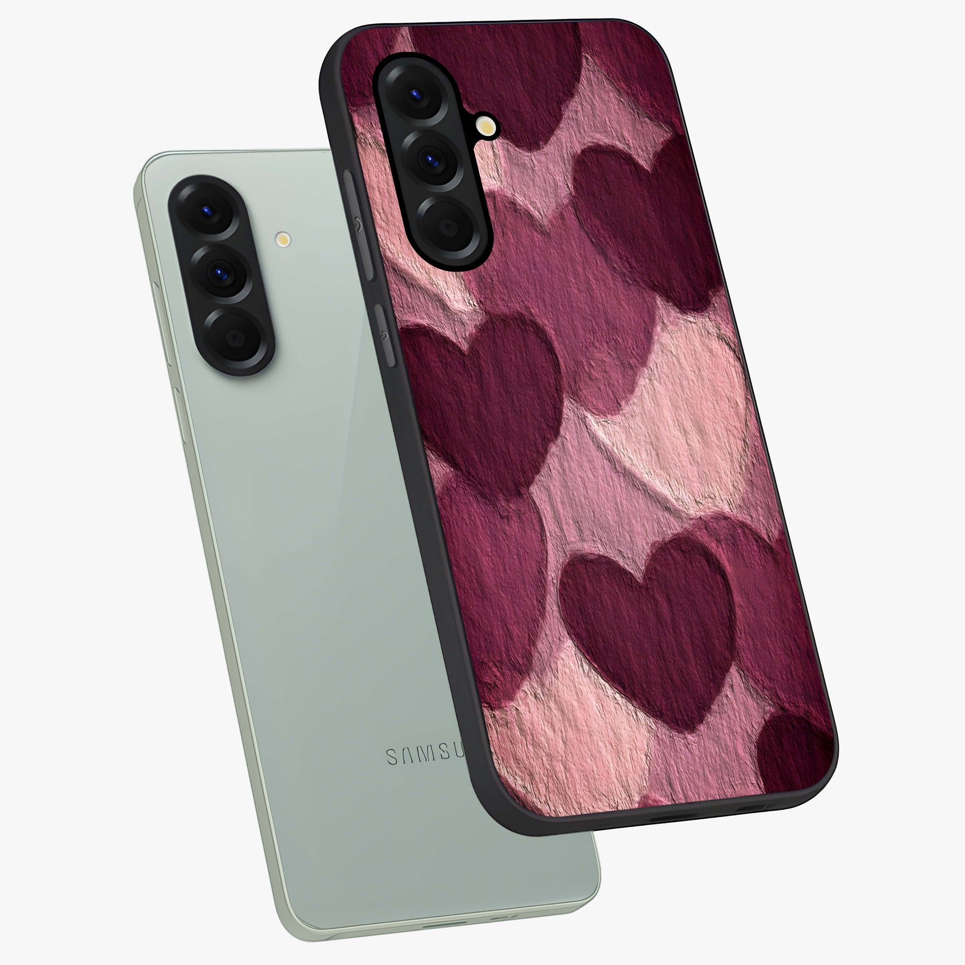 Layered Paper Hearts Glass Case displayed in angled mockup highlighting creative paper craft heart design with romantic aesthetic.