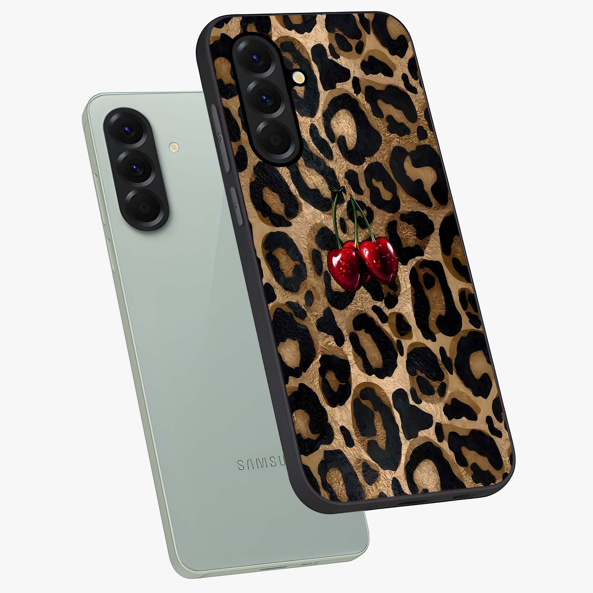 Leopard Wild Cherry Glass Case displayed in angled mockup highlighting bold animal print design with playful cherry aesthetic.