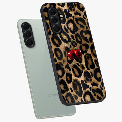 Leopard Wild Cherry Glass Case displayed in angled mockup highlighting bold animal print design with playful cherry aesthetic.