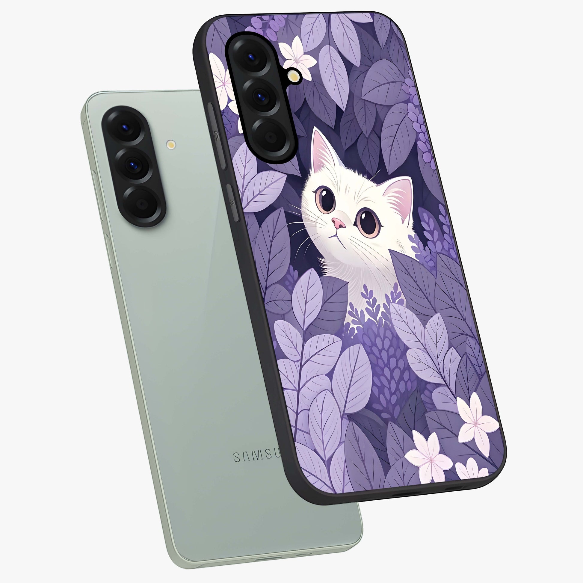 Lilac Hide Peek Cat Glass Case displayed in angled mockup highlighting playful feline illustration with lilac aesthetic design.