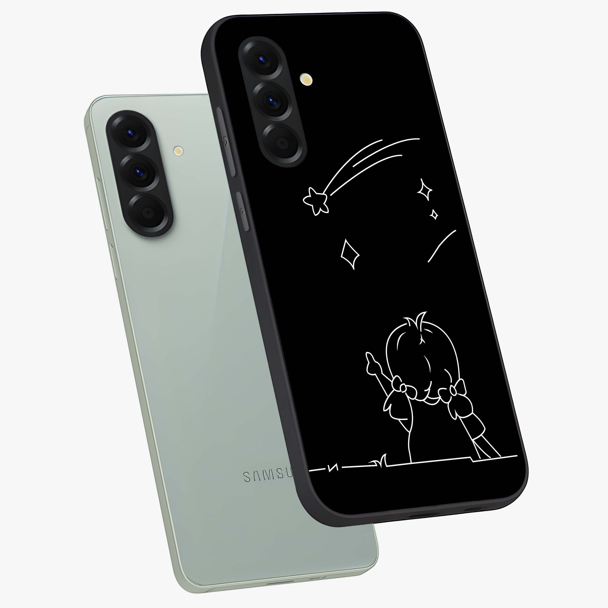 Line Art Girl With Shooting Stars Glass Case displayed in angled mockup highlighting elegant line art design with dreamy star aesthetic.