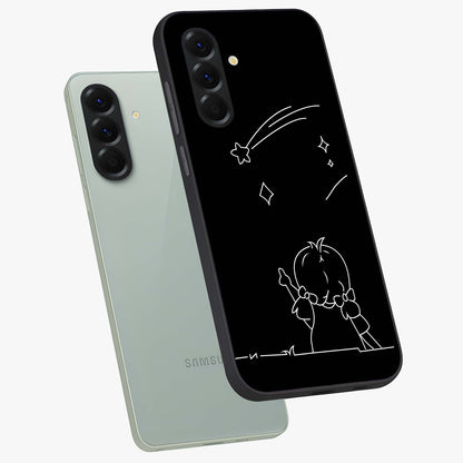 Line Art Girl With Shooting Stars Glass Case displayed in angled mockup highlighting elegant line art design with dreamy star aesthetic.