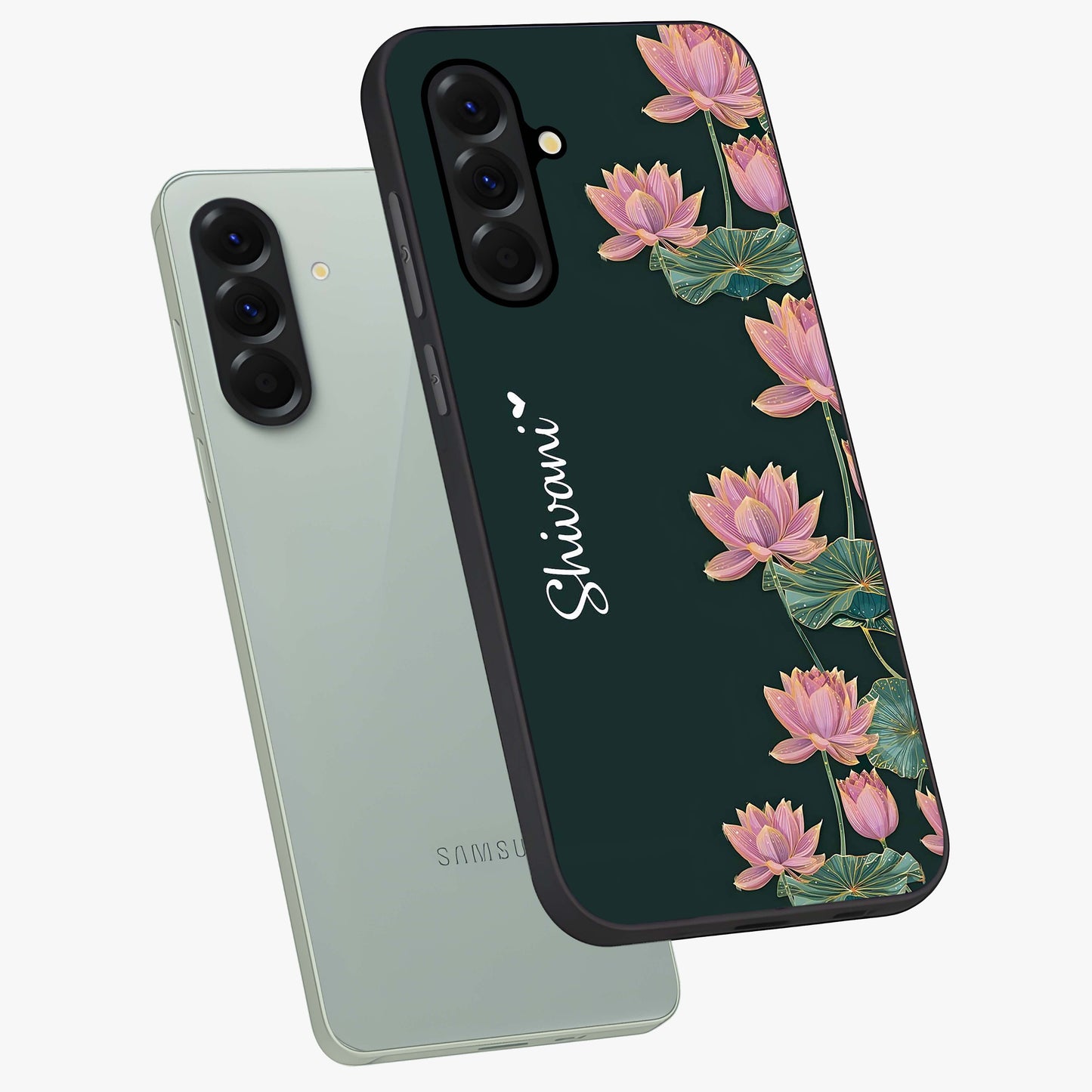 Lotus Bloom Serenity Custom Name Glass Case displayed in angled mockup highlighting graceful lotus illustration with custom name feature.