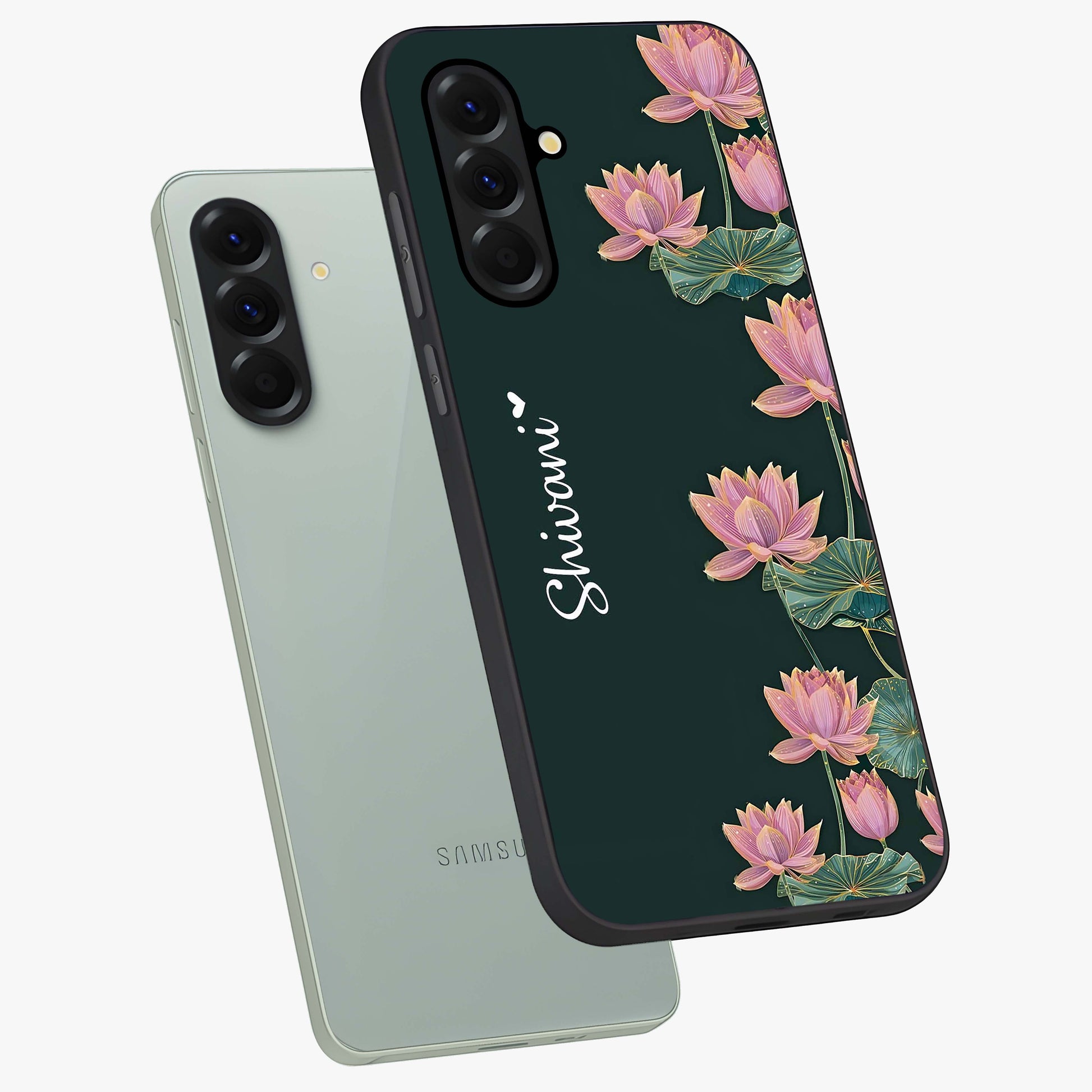 Lotus Bloom Serenity Custom Name Glass Case displayed in angled mockup highlighting graceful lotus illustration with custom name feature.