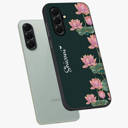 Lotus Bloom Serenity Custom Name Glass Case displayed in angled mockup highlighting graceful lotus illustration with custom name feature.