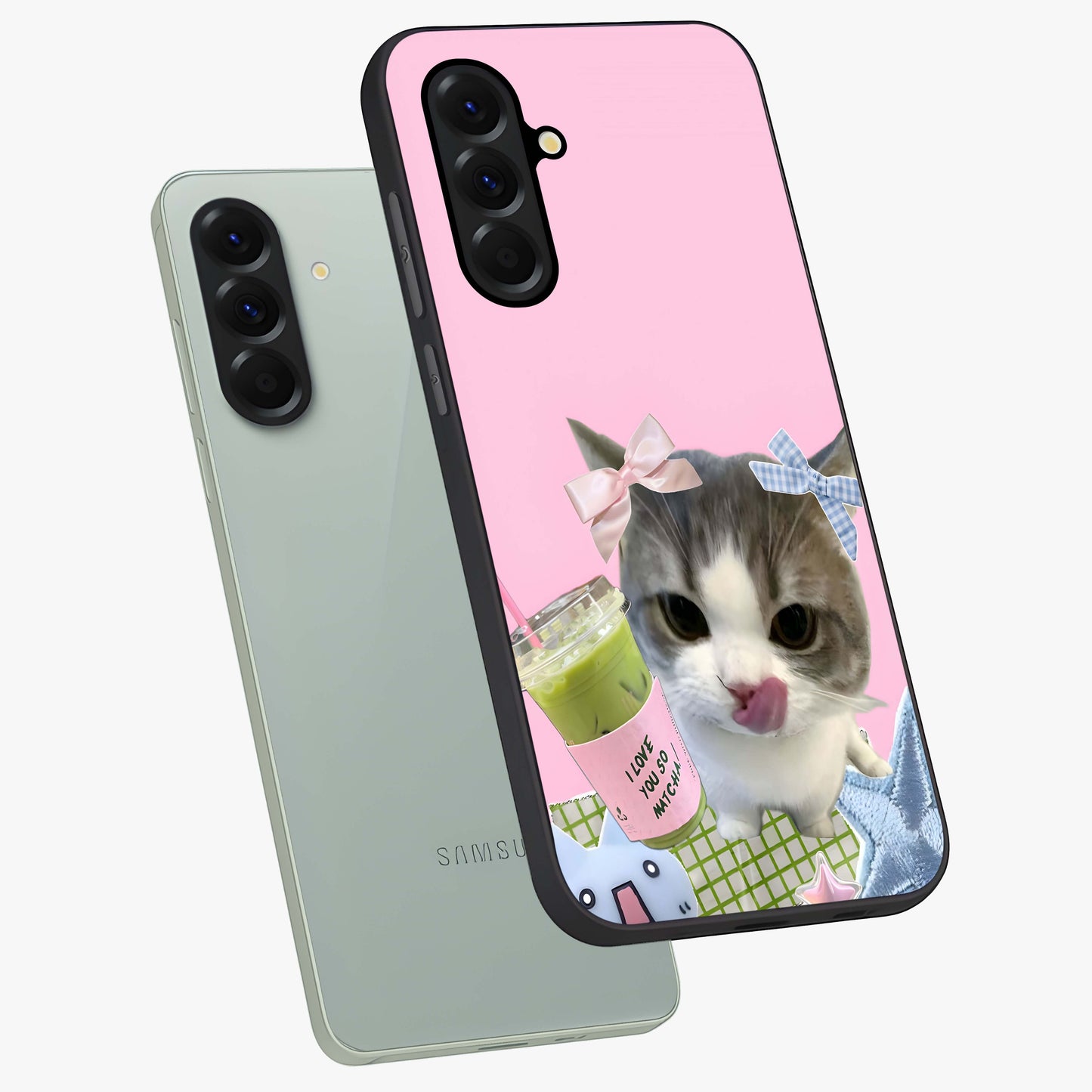 Love Matcha Cat Glass Case displayed in angled mockup highlighting playful feline illustration with cozy matcha aesthetic.