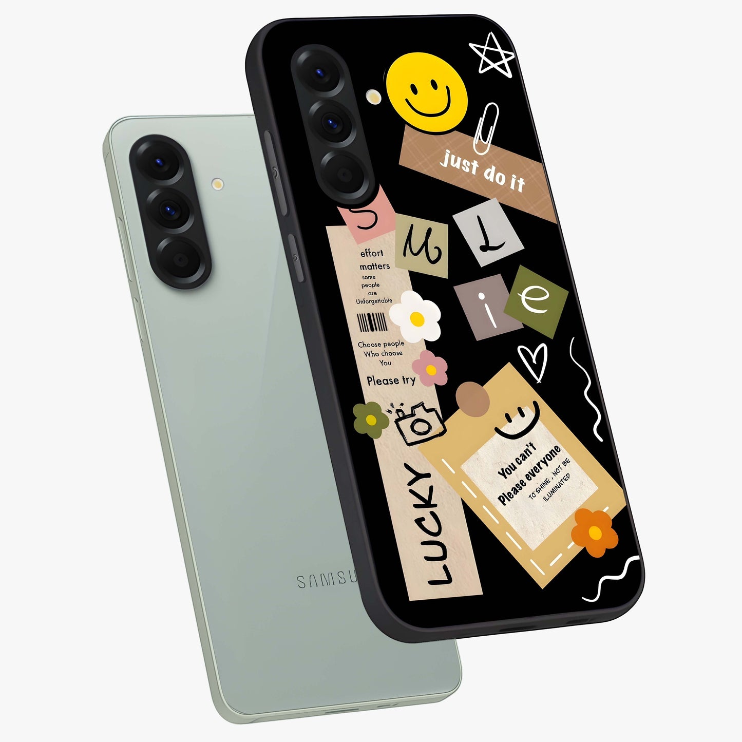 Lucky Aesthetic Collage Glass Case displayed in angled mockup highlighting stylish collage pattern with modern aesthetic vibe.