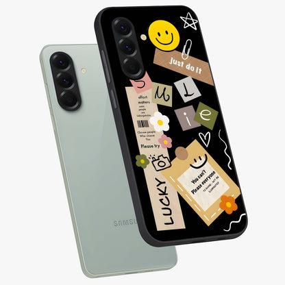 Lucky Aesthetic Collage Glass Case displayed in angled mockup highlighting stylish collage pattern with modern aesthetic vibe.