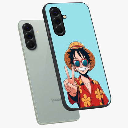 Luffy Summer Anime Vibe Glass Case displayed in angled mockup highlighting energetic anime illustration with summer vibe aesthetic.