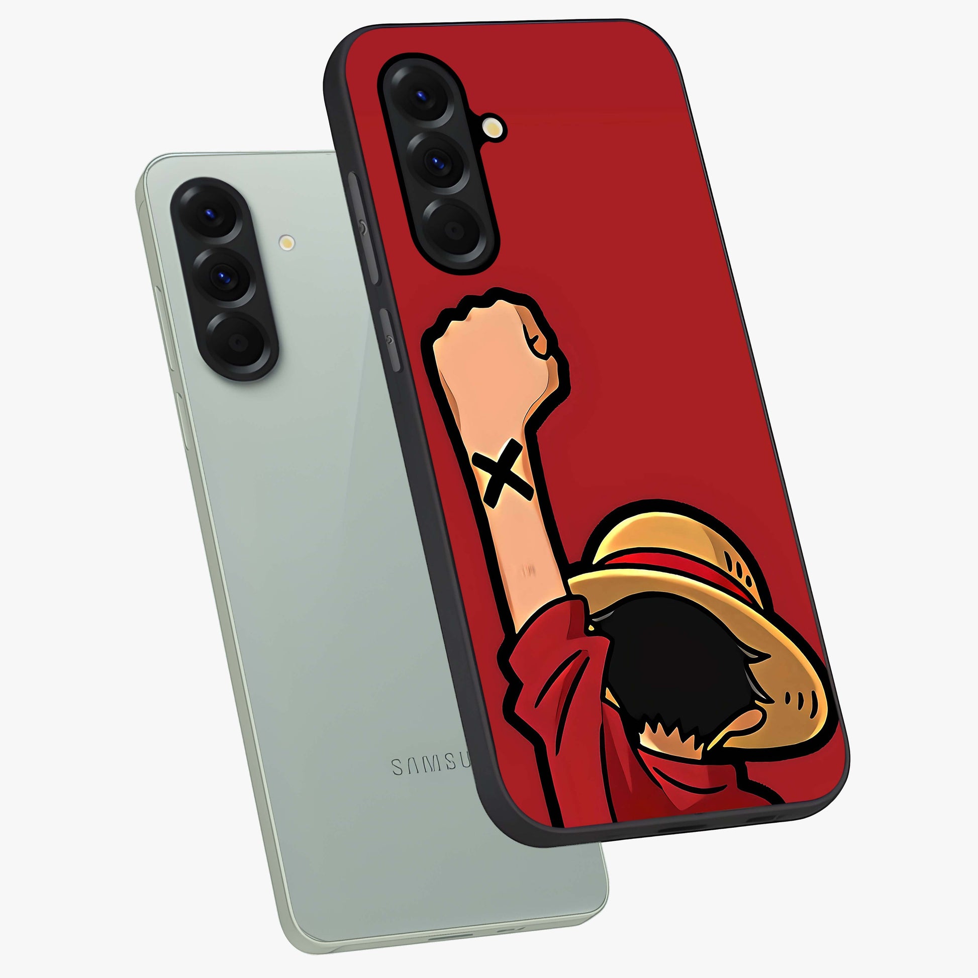 Luffy X Spirit Glass Case displayed in angled mockup highlighting powerful anime design with energetic action aesthetic.