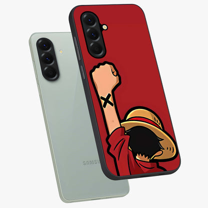 Luffy X Spirit Glass Case displayed in angled mockup highlighting powerful anime design with energetic action aesthetic.