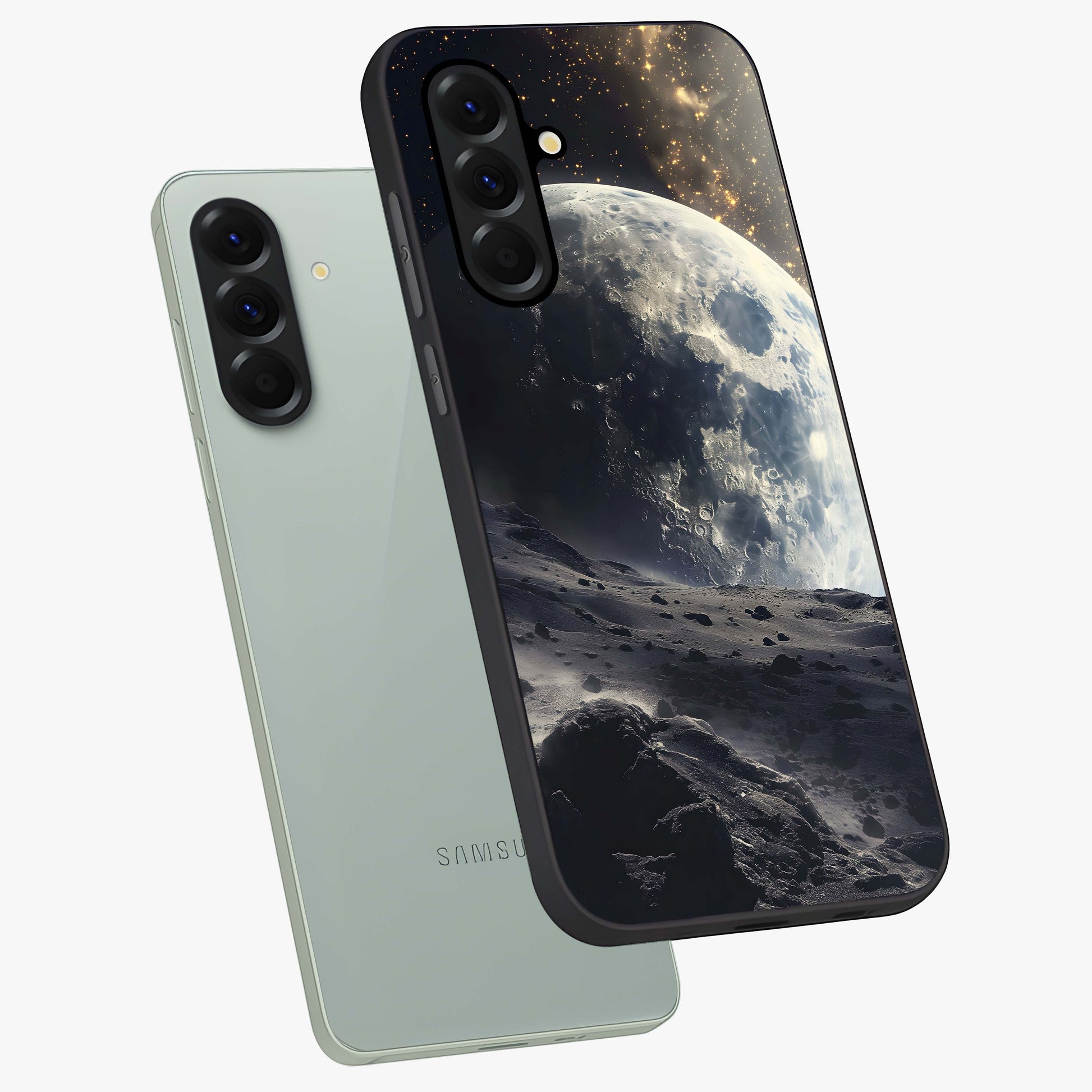 Lunar Horizon Glow Glass Case displayed in angled mockup highlighting celestial moon design with dreamy night aesthetic.
