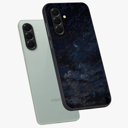 Lunar Veil Silence Glass Case displayed in angled mockup highlighting soft lunar design with peaceful celestial aesthetic.