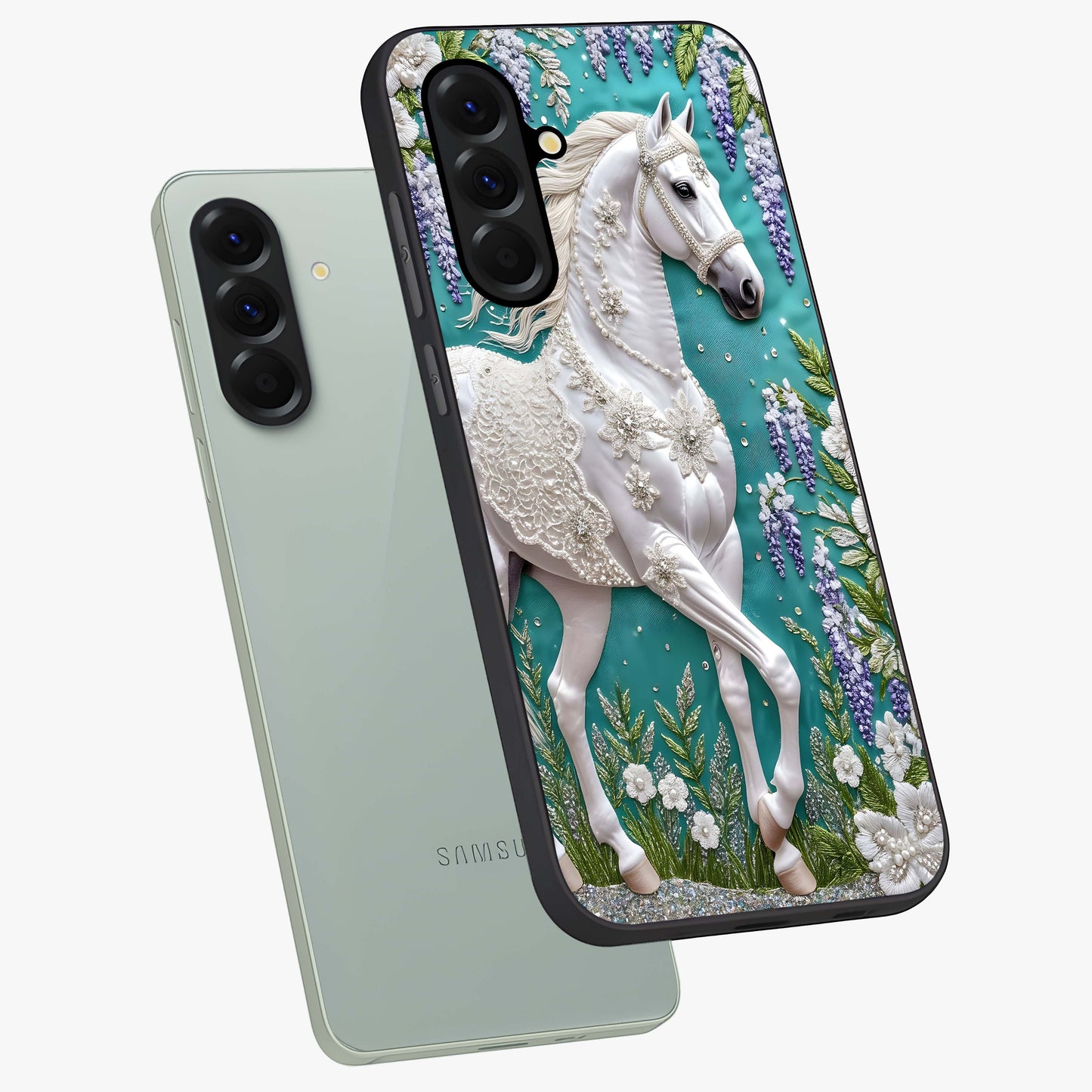 Majestic Floral Stallion Glass Case displayed in angled mockup highlighting majestic stallion illustration with elegant floral aesthetic.