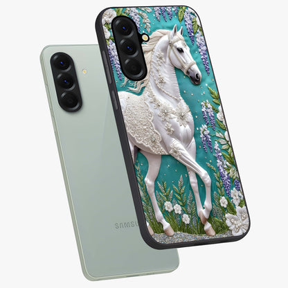 Majestic Floral Stallion Glass Case displayed in angled mockup highlighting majestic stallion illustration with elegant floral aesthetic.