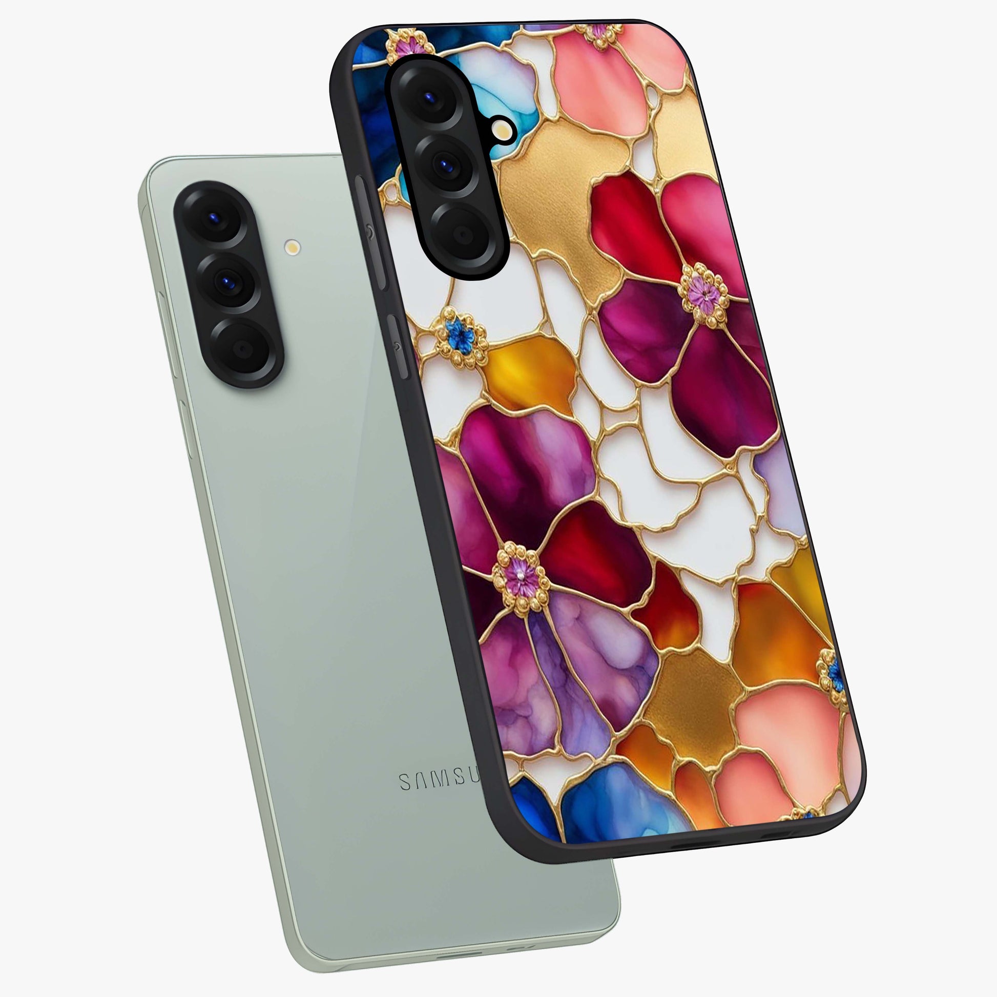 Marble Flower Pattern Glass Case displayed in angled mockup highlighting elegant marble floral design with modern aesthetic.