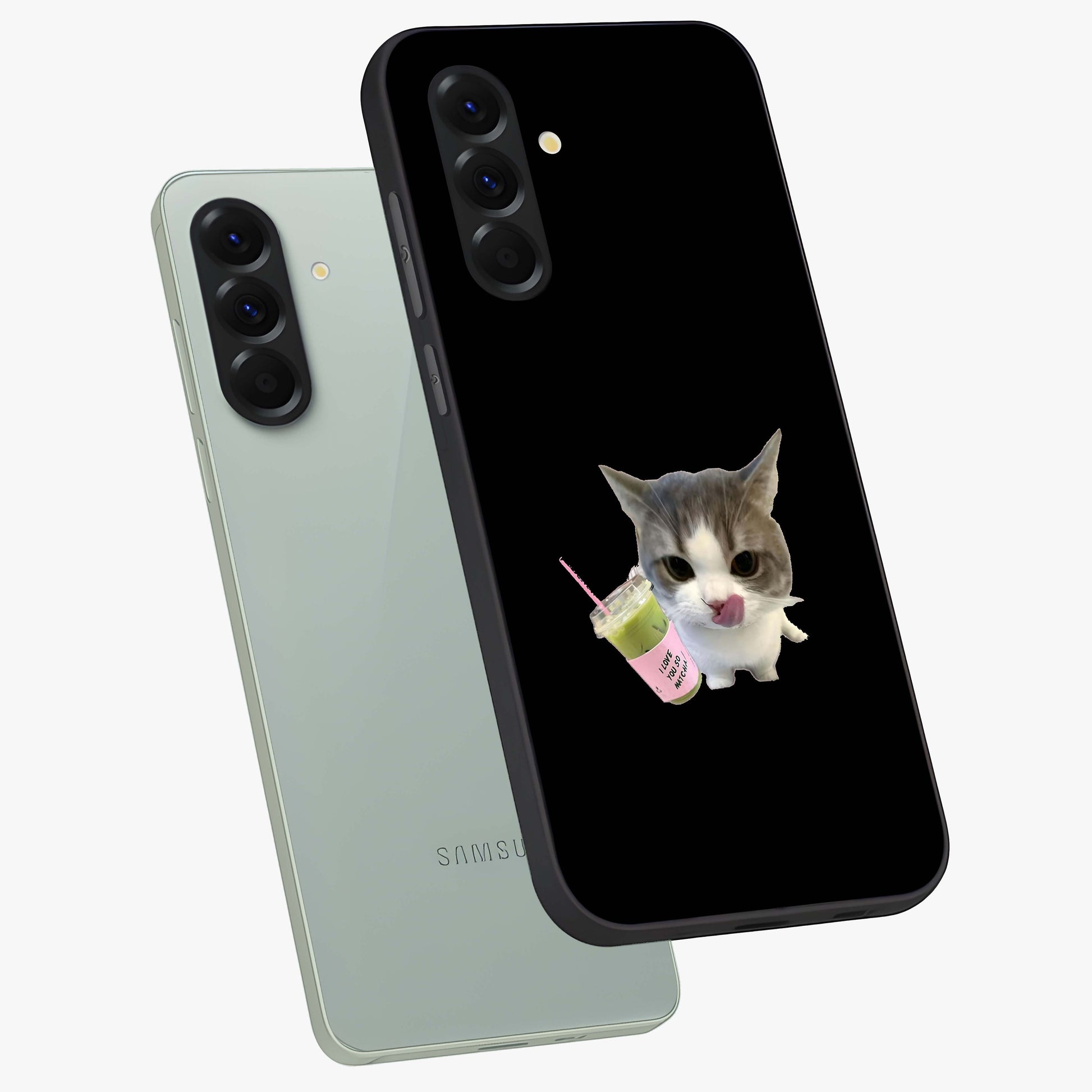 Matcha Cat Style Glass Case displayed in angled mockup highlighting playful feline design with pastel matcha aesthetic.