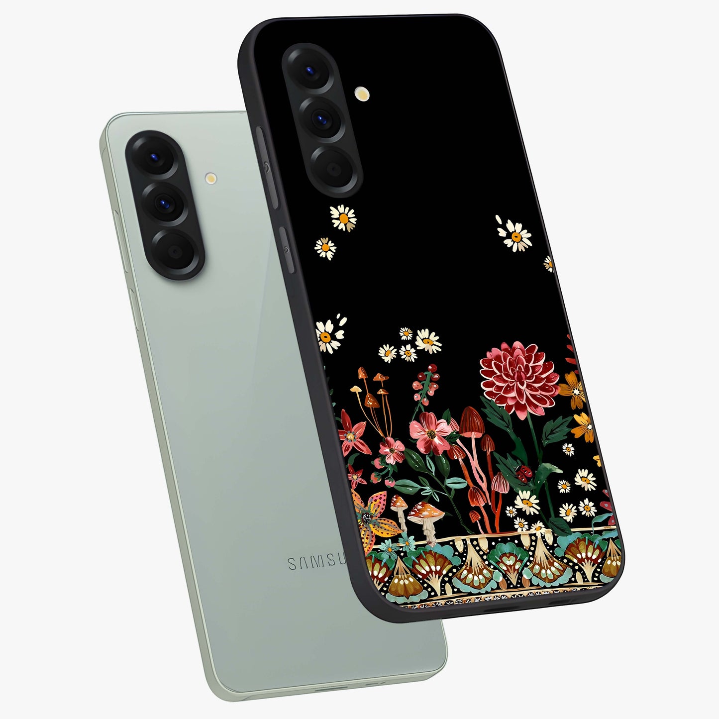 Midnight Bloom Pattern Glass Case displayed in angled mockup highlighting elegant flower design with midnight aesthetic style.