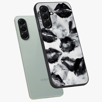 Midnight Kiss Marks Glass Case displayed in angled mockup highlighting playful romantic design with bold midnight aesthetic.