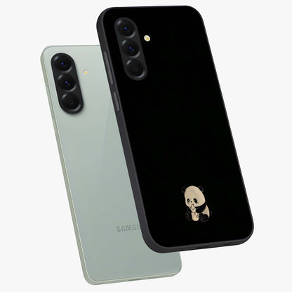 Midnight Panda Love Glass Case displayed in angled mockup highlighting adorable panda illustration with midnight aesthetic.