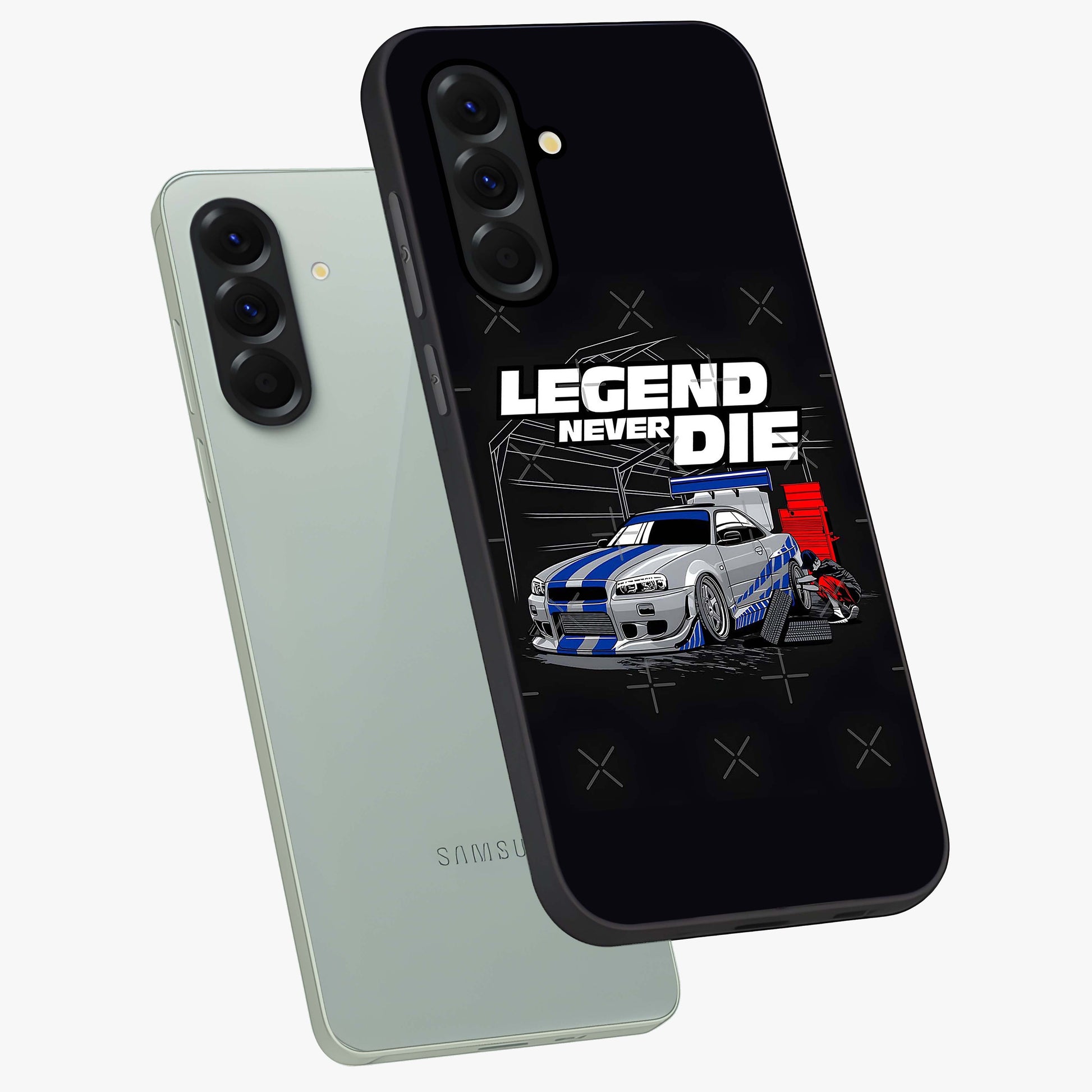 Midnight Racing Legacy Glass Case displayed in angled mockup highlighting dynamic automotive design with bold midnight aesthetic.
