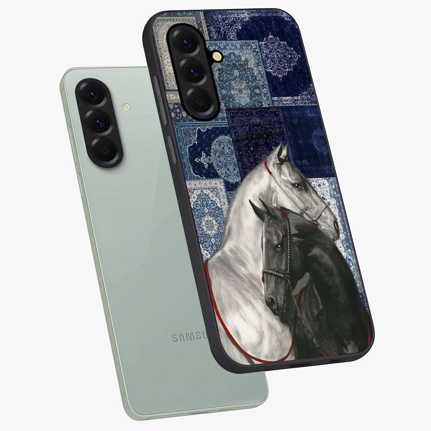 Midnight Stallion Blues Glass Case displayed in angled mockup highlighting powerful stallion illustration with deep midnight tones.